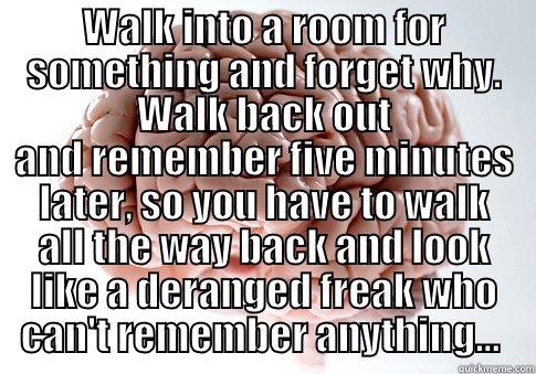 WALK INTO A ROOM FOR SOMETHING AND FORGET WHY. WALK BACK OUT AND REMEMBER FIVE MINUTES LATER, SO YOU HAVE TO WALK ALL THE WAY BACK AND LOOK LIKE A DERANGED FREAK WHO CAN'T REMEMBER ANYTHING...  Scumbag Brain