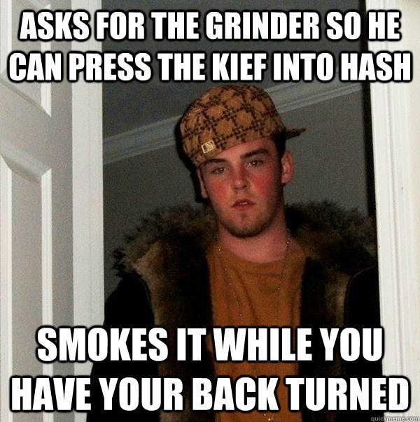 Asks for the grinder so he can press the kief into hash Smokes it while you have your back turned  Scumbag Steve