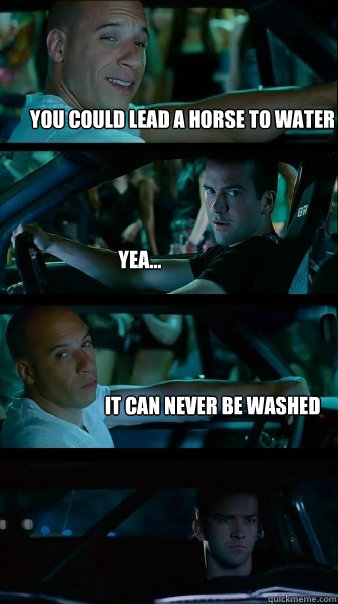 You could lead a horse to water Yea... It can never be washed
  Fast and Furious