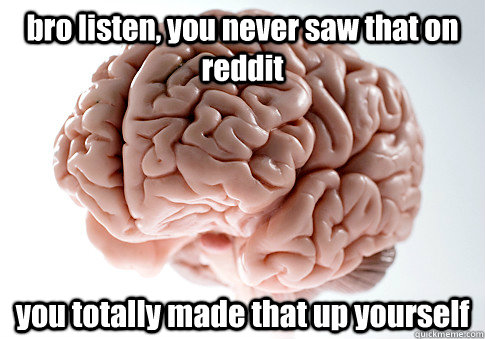 bro listen, you never saw that on reddit  you totally made that up yourself   Scumbag Brain