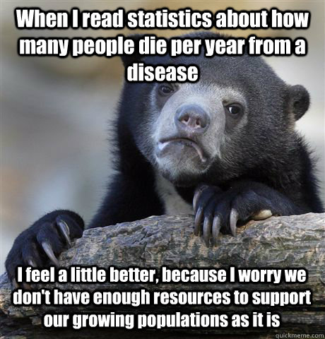 When I read statistics about how many people die per year from a disease I feel a little better, because I worry we don't have enough resources to support our growing populations as it is  Confession Bear