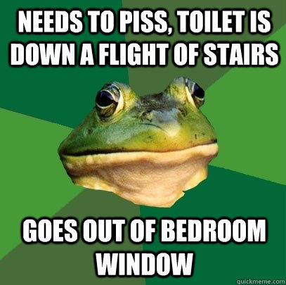 needs to piss, toilet is down a flight of stairs goes out of bedroom window  