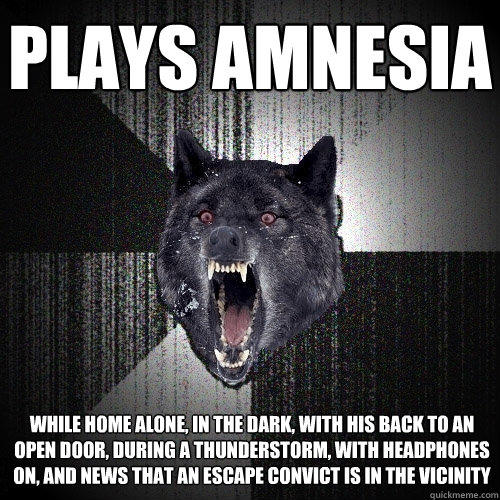 Plays Amnesia while home alone, in the dark, with his back to an open door, during a thunderstorm, with headphones on, and news that an escape convict is in the vicinity - Plays Amnesia while home alone, in the dark, with his back to an open door, during a thunderstorm, with headphones on, and news that an escape convict is in the vicinity  Insanity Wolf