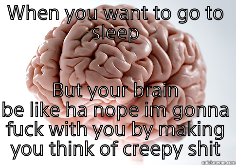 WHEN YOU WANT TO GO TO SLEEP BUT YOUR BRAIN BE LIKE HA NOPE IM GONNA FUCK WITH YOU BY MAKING YOU THINK OF CREEPY SHIT Scumbag Brain