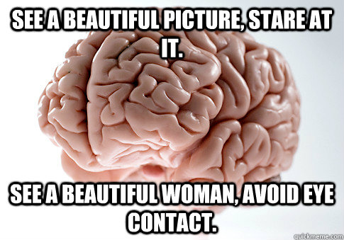 See a beautiful picture, stare at it. See a beautiful woman, avoid eye contact.  Scumbag Brain