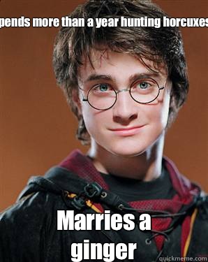 Spends more than a year hunting horcuxes Marries a ginger   Harry potter