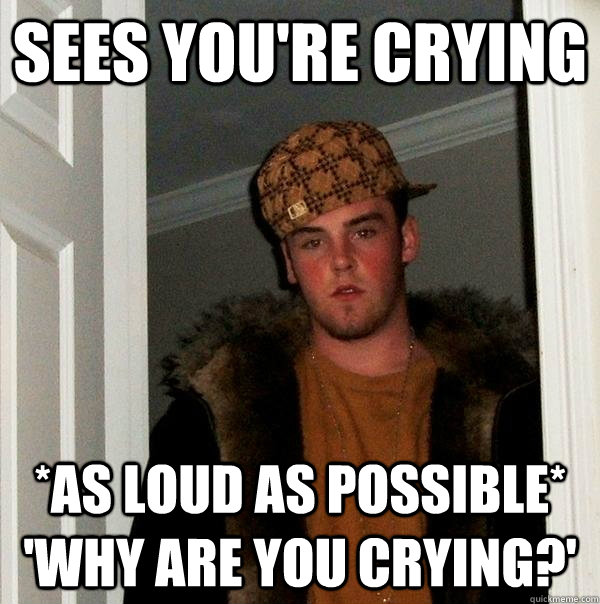 Sees you're crying *as loud as possible* 'why are you crying?'  Scumbag Steve