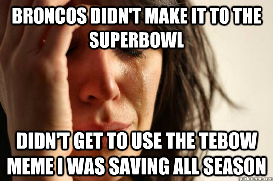 broncos didn't make it to the superbowl Didn't get to use the tebow meme i was saving all season - broncos didn't make it to the superbowl Didn't get to use the tebow meme i was saving all season  First World Problems