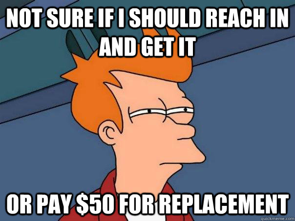 Not sure if I should reach in and get it Or pay $50 for replacement  Futurama Fry