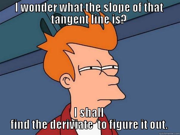 I WONDER WHAT THE SLOPE OF THAT TANGENT LINE IS? I SHALL FIND THE DERIVIATE  TO FIGURE IT OUT. Futurama Fry