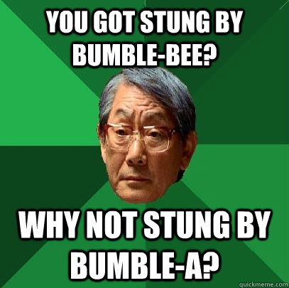 you got stung by bumble-bee? why not stung by bumble-a?  High Expectations Asian Father