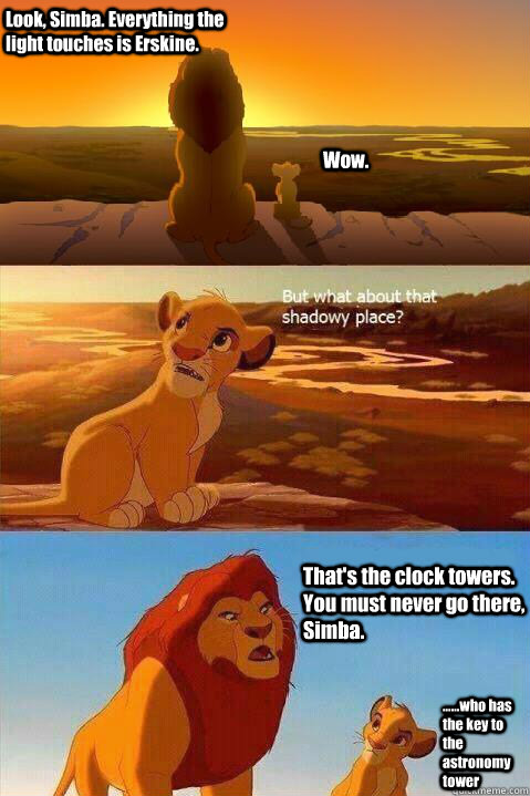 Look, Simba. Everything the light touches is Erskine. Wow. That's the clock towers. You must never go there, Simba.  ......who has the key to the astronomy tower  Lion King Shadowy Place