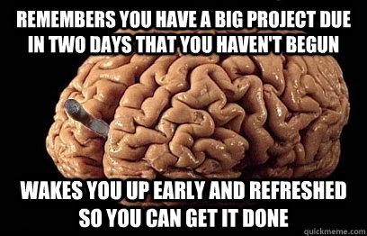 Remembers you have a big project due in two days that you haven't begun Wakes you up early and refreshed so you can get it done - Remembers you have a big project due in two days that you haven't begun Wakes you up early and refreshed so you can get it done  Good Guy Brain