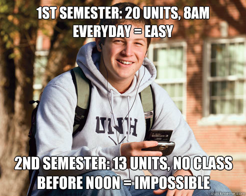 1st semester: 20 units, 8am everyday = easy 2nd semester: 13 units, no class before noon = impossible  College Freshman