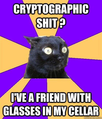 cryptographic shit ? I've a friend with glasses in my cellar  Anxiety Cat
