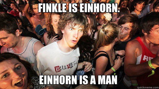 Finkle is Einhorn.
 Einhorn is a Man  - Finkle is Einhorn.
 Einhorn is a Man   Sudden Clarity Clarence