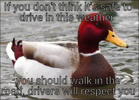 IF YOU DON'T THINK IT'S SAFE TO DRIVE IN THIS WEATHER  YOU SHOULD WALK IN THE ROAD. DRIVERS WILL RESPECT YOU Malicious Advice Mallard