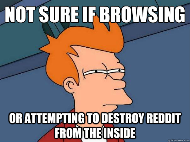 Not sure if browsing or attempting to destroy reddit from the inside  Futurama Fry