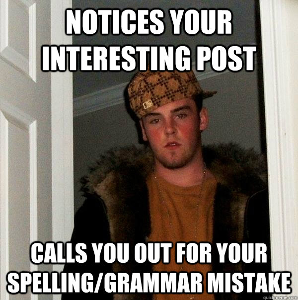 Notices your interesting post calls you out for your spelling/grammar mistake - Notices your interesting post calls you out for your spelling/grammar mistake  Scumbag Steve