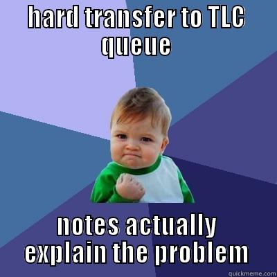 steps were handled - HARD TRANSFER TO TLC QUEUE NOTES ACTUALLY EXPLAIN THE PROBLEM Success Kid