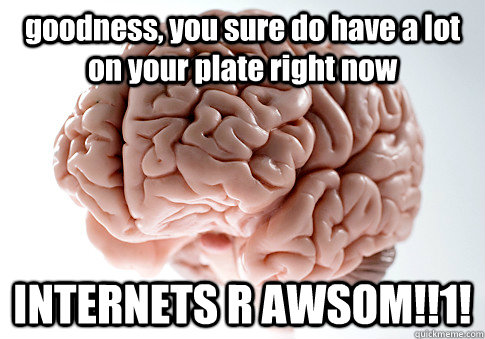 goodness, you sure do have a lot on your plate right now INTERNETS R AWSOM!!1!  - goodness, you sure do have a lot on your plate right now INTERNETS R AWSOM!!1!   Scumbag Brain