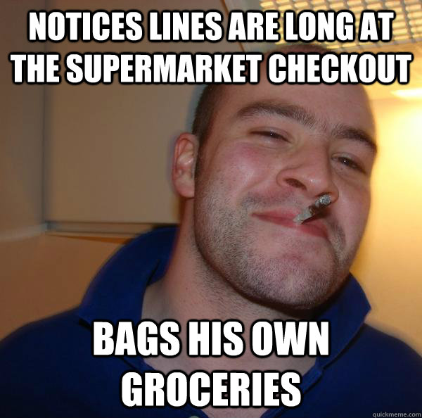 Notices lines are long at the supermarket checkout Bags his own groceries - Notices lines are long at the supermarket checkout Bags his own groceries  Misc