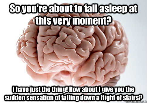 So you're about to fall asleep at this very moment? I have just the thing! How about I give you the sudden sensation of falling down a flight of stairs?   Scumbag Brain