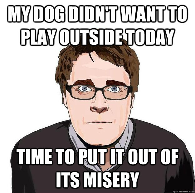 My dog didn't want to play outside today time to put it out of its misery  Always Online Adam Orth