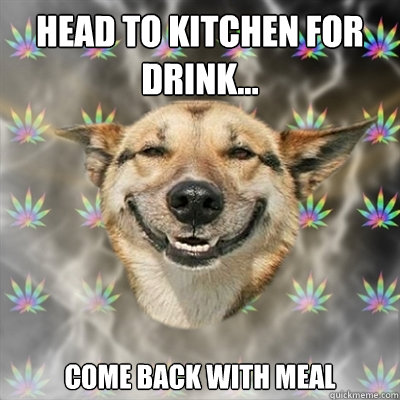 head to kitchen for  drink... come back with meal  Stoner Dog