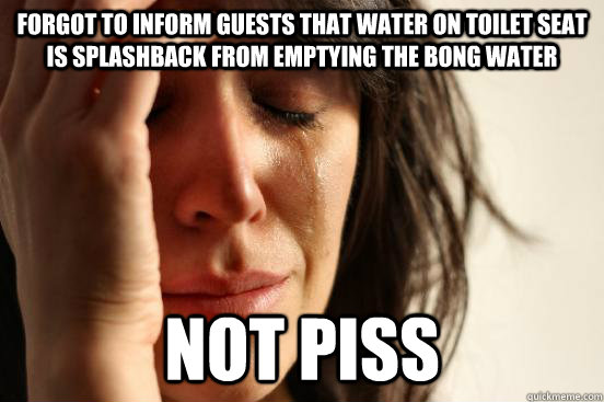 forgot to inform guests that water on toilet seat is splashback from emptying the bong water not piss  First World Problems