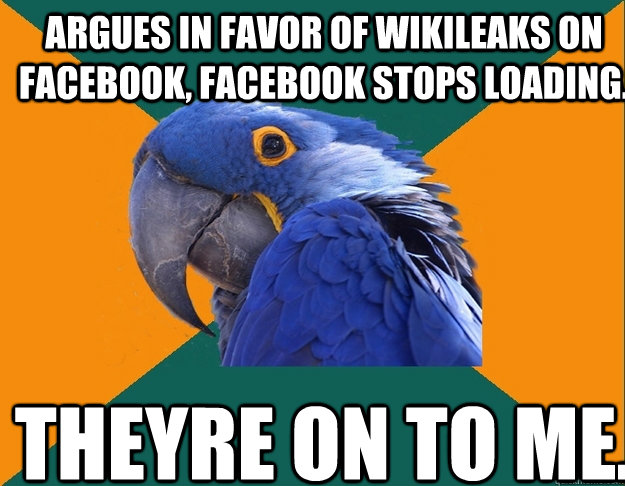 Argues in favor of Wikileaks on Facebook, Facebook stops loading. Theyre on to me.   Paranoid Parrot