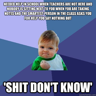 needed help in school when teachers are not here and nobody is sitting next to you when you are taking notes and the smartest person in the class asks you for help you say nothing but 'shit don't know'  Success Kid