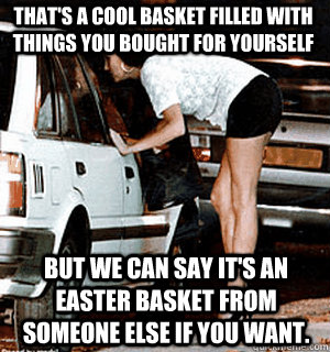 That's a cool basket filled with things you bought for yourself But we can say it's an easter basket from someone else if you want.  Karma Whore