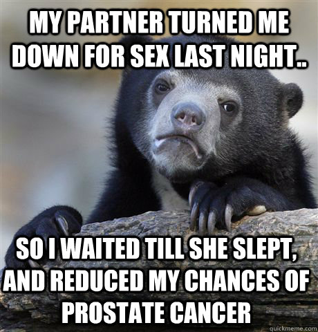 My partner turned me down for sex last night.. so I waited till she slept, and reduced my chances of prostate cancer  Confession Bear