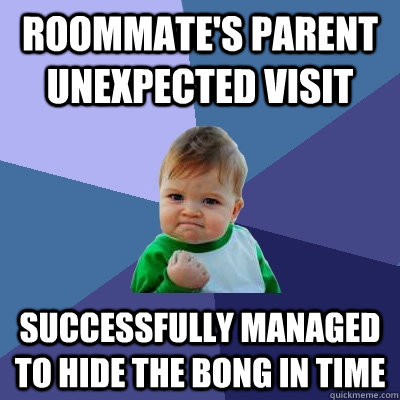 Roommate's parent unexpected visit successfully managed to hide the bong in time - Roommate's parent unexpected visit successfully managed to hide the bong in time  Success Kid