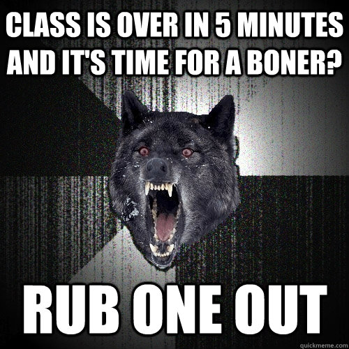 Class is over in 5 minutes and it's time for a boner? rub one out  Insanity Wolf