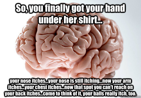 So, you finally got your hand under her shirt... your nose itches...your nose is still itching...now your arm itches...your chest itches...now that spot you can't reach on your back itches...come to think of it, your balls really itch, too.  Scumbag Brain