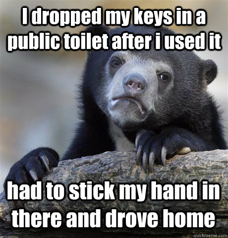 I dropped my keys in a public toilet after i used it had to stick my hand in there and drove home  Confession Bear