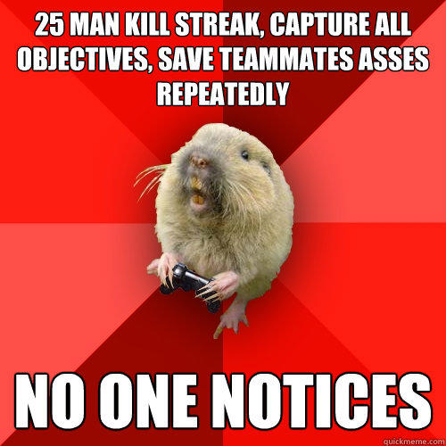 25 man kill streak, capture all objectives, save teammates asses repeatedly no one notices  