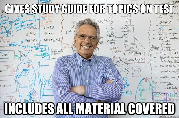 gives study guide for topics on test includes all material covered  Engineering Professor