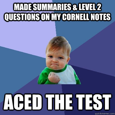 Made summaries & level 2 questions on my Cornell Notes Aced the test - Made summaries & level 2 questions on my Cornell Notes Aced the test  Success Kid