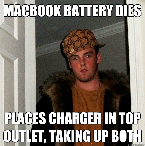 macbook battery dies Places charger in top outlet, taking up both  Scumbag Steve