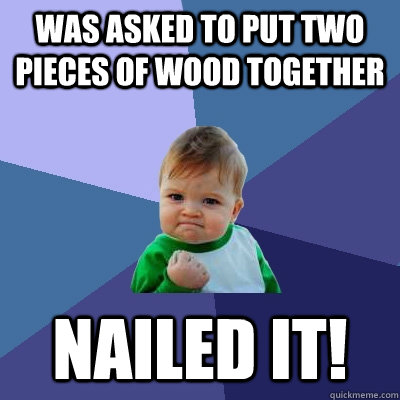 Was asked to put two pieces of wood together Nailed it!  Success Kid