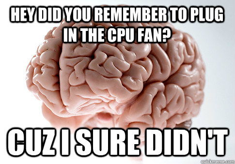 HEY DID YOU REMEMBER TO PLUG IN THE CPU FAN? CUZ I SURE DIDN'T - HEY DID YOU REMEMBER TO PLUG IN THE CPU FAN? CUZ I SURE DIDN'T  Scumbag Brain