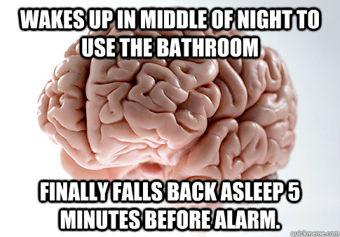 Wakes up in middle of night to use the bathroom Finally falls back asleep 5 minutes before alarm.  Scumbag Brain