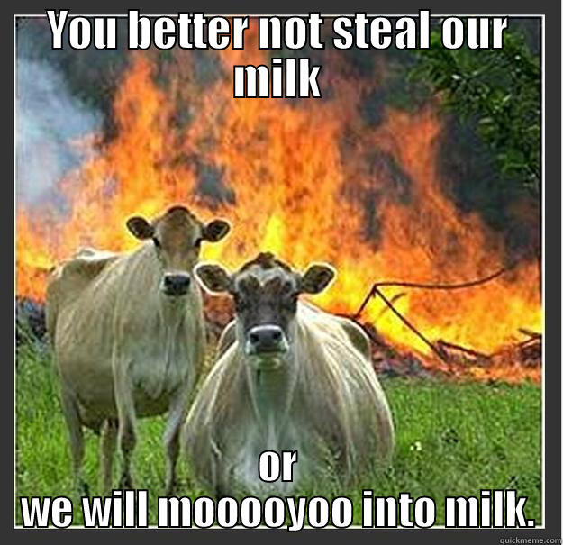 YOU BETTER NOT STEAL OUR MILK OR WE WILL MOOOOYOO INTO MILK. Evil cows