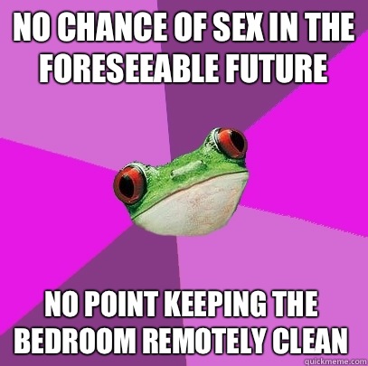 No chance of sex in the foreseeable future No point keeping the bedroom remotely clean - No chance of sex in the foreseeable future No point keeping the bedroom remotely clean  Foul Bachelorette Frog