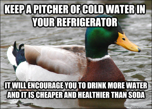 Keep a pitcher of cold water in your refrigerator It will encourage you to drink more water and it is cheaper and healthier than soda  Actual Advice Mallard