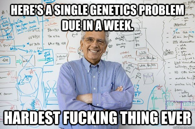 Here's a single genetics problem due in a week. HARDEST FUCKING THING EVER - Here's a single genetics problem due in a week. HARDEST FUCKING THING EVER  Engineering Professor