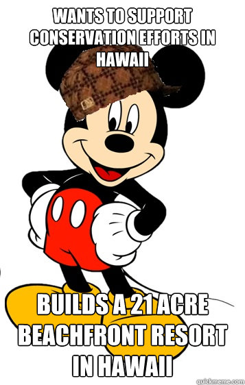 Wants to support conservation efforts in Hawaii Builds a 21 acre beachfront resort in Hawaii - Wants to support conservation efforts in Hawaii Builds a 21 acre beachfront resort in Hawaii  Scumbag Disney